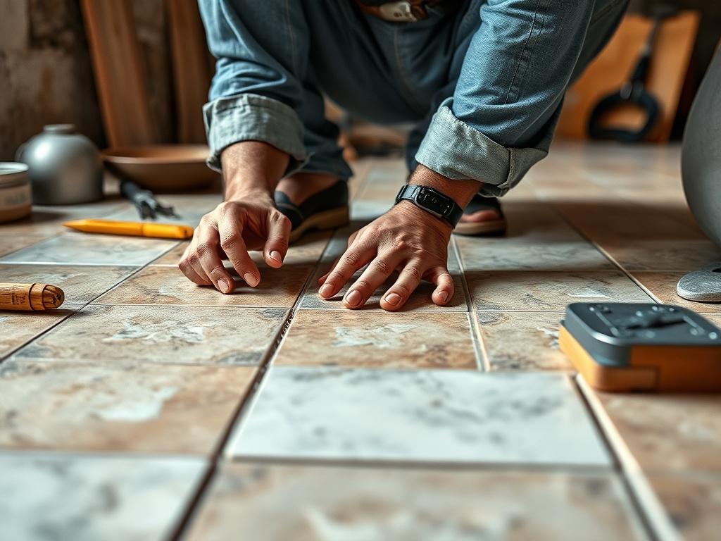 A close up shot of a skilled tiler laying beautiful