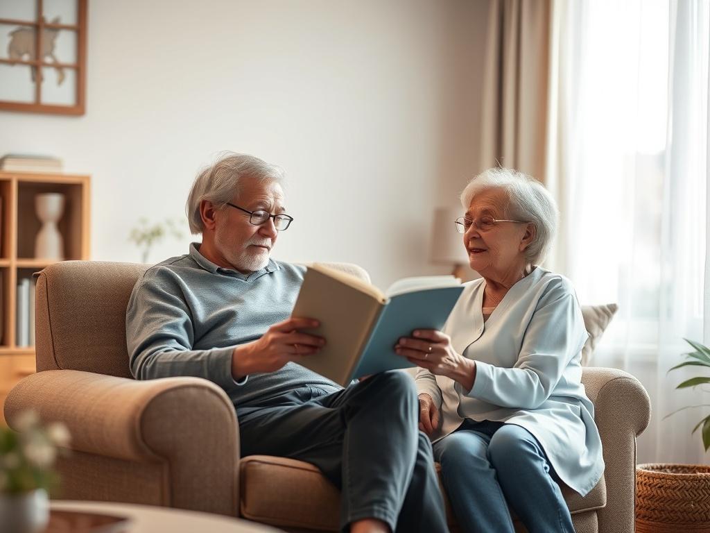 A serene and comforting living room scene featuring a friendly caregiver reading a story to an elderly person in a cozy chair. The room is softly lit with gentle tones, showcasing a peaceful atmosphere. A window in the background allows natural light to filter through, enhancing the warm ambiance.