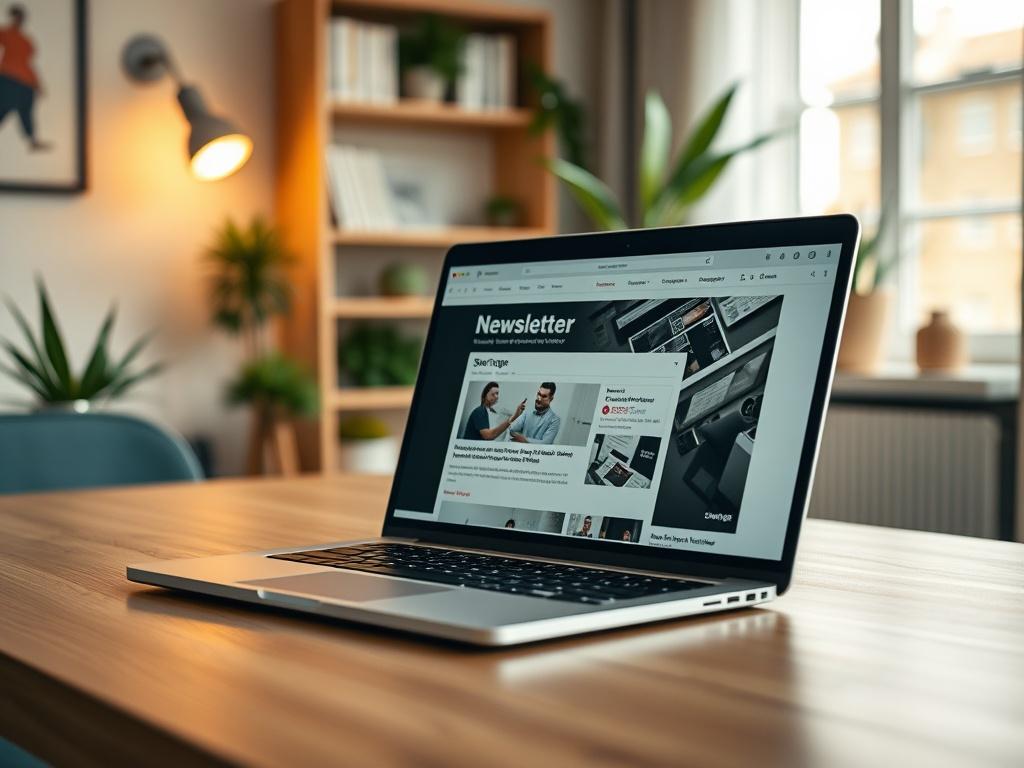 Create a realistic high-resolution photo that captures the essence of a blog titled "Surge Featured in Wefunder Investor Newsletter." The image should focus on a single subject: a sleek laptop open on a modern wooden desk. The screen of the laptop should display the Wefunder newsletter interface, highlighting the section that features Surge. 

In the background, include a soft-focus view of an inviting home office space with warm lighting, stylish plants, and a minimalistic bookshelf. Ensure the color palet
