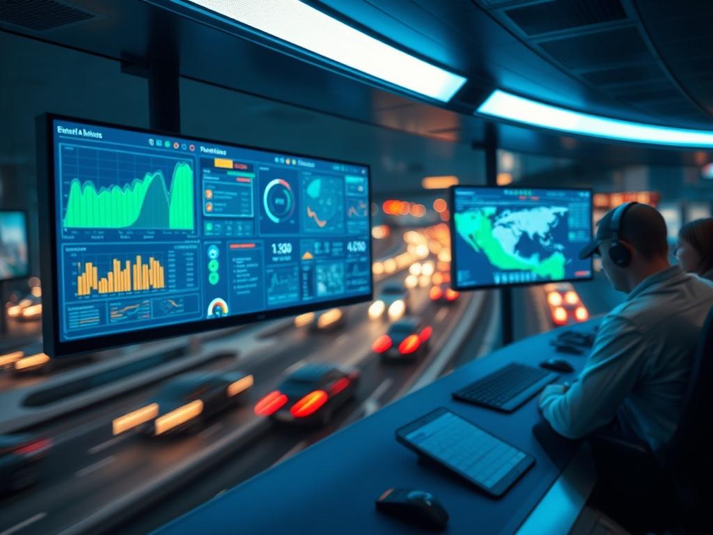 Create a highly detailed, hyper-realistic high-resolution photo that visually represents the concept of "How Surge Powers Intelligent Transportation Systems." The composition should be simple and clear, focusing solely on a single subject: a sleek, modern traffic control center with advanced technology displays that illustrate real-time traffic data and analytics.

The subject should be captured from a slight angle to showcase the futuristic design of the control center's monitors, which should display vibr