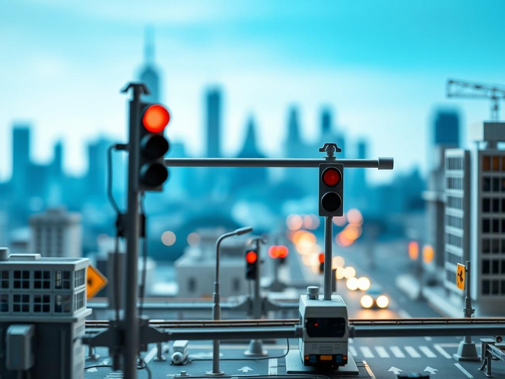 A stunning close-up of a smart city infrastructure model displaying interconnected devices and sensors. The image captures a miniature urban environment with smart traffic lights, energy-efficient buildings, and a network of sensors seamlessly integrated into the design. The background features a soft-focus city skyline, emphasizing the innovative aspect of smart infrastructure. The lighting is bright, highlighting the intricate details of the model. This composition showcases the future of urban planning a