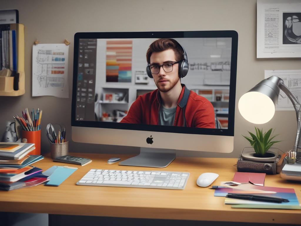 An artist sitting at a desk, intently editing a poster