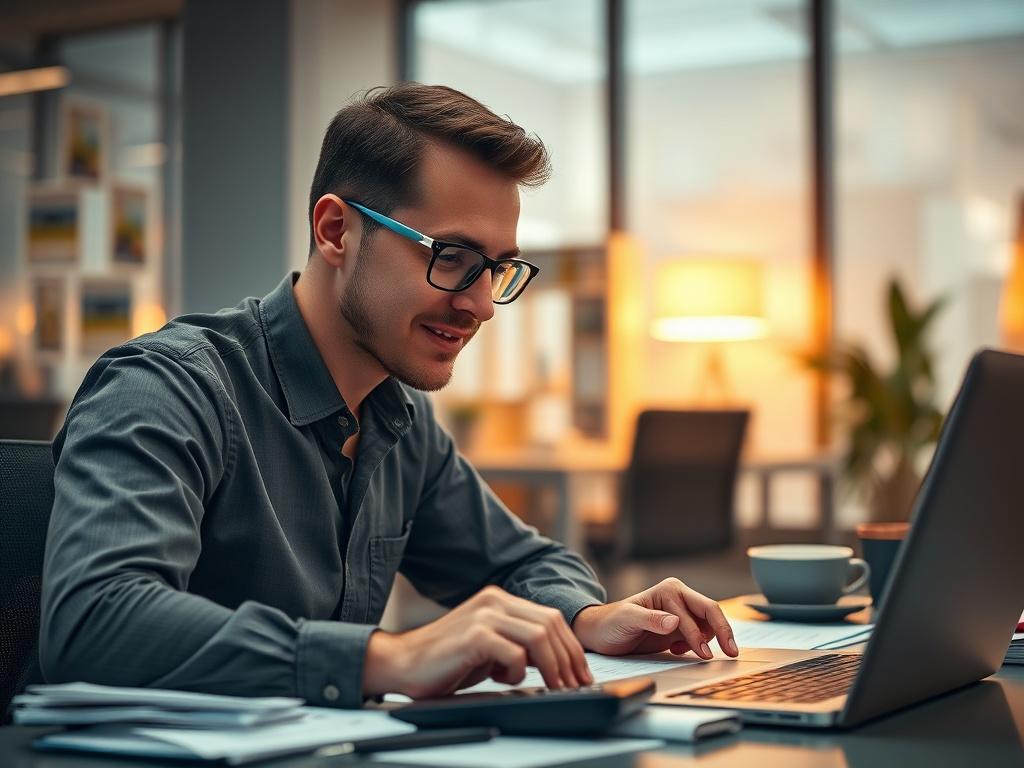 A hyper-realistic close-up shot of a male bookkeeper, focused and engaged in his work. He is seated at a modern desk cluttered with financial documents, a laptop, and a calculator. The background is a softly blurred office setting, with warm lighting that highlights his concentration. The male bookkeeper is wearing a smart-casual shirt, glasses, and has a slight smile, embodying professionalism and approachability.
