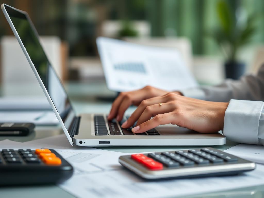 A close up shot of a professional bookkeeper's hands typing