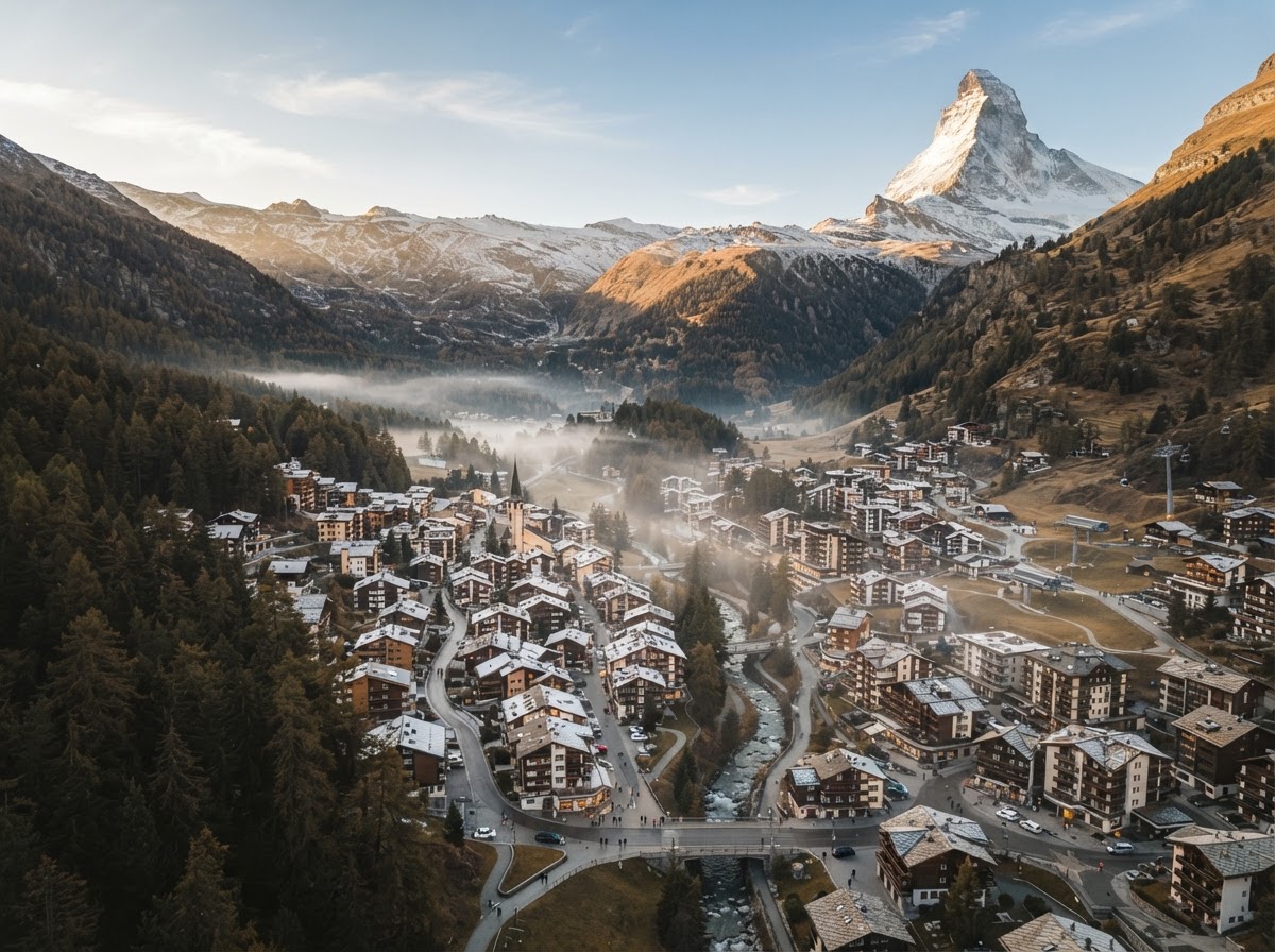 Aerial view of an alpine resort village with timber chalets among pine forests