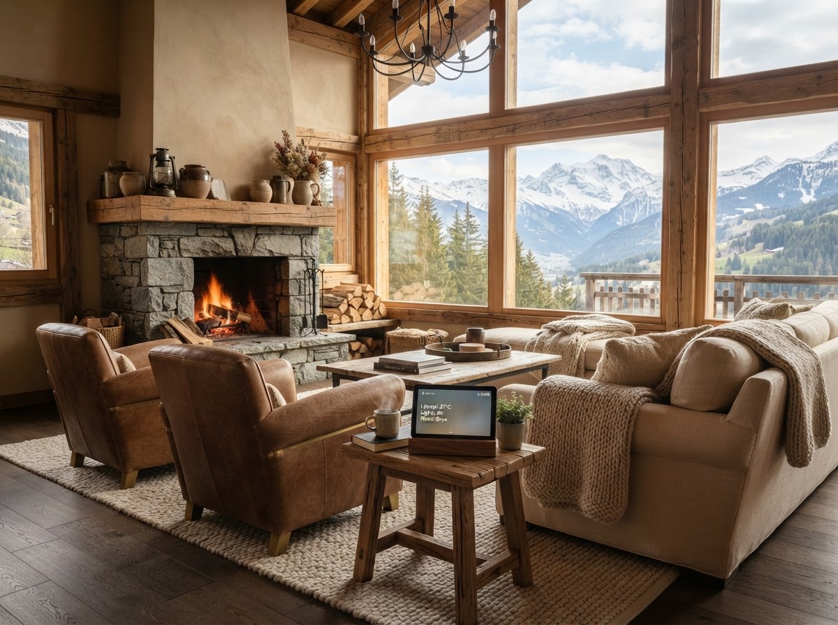 Boutique mountain cottage lounge with warm textiles, stone fireplace and smart-home tablet
