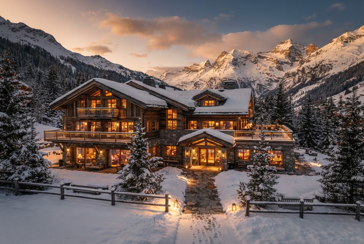 Cozy luxury alpine lodge with warm glowing windows at golden hour