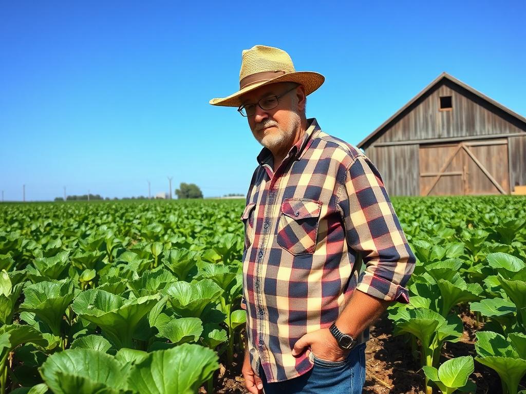 A high resolution image of a farmer examining vibrant green