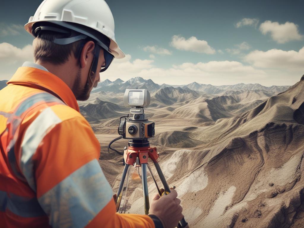 A high-resolution, hyper-realistic close-up shot of a topographic survey in progress. The image should depict a professional surveyor using a laser scanning device in a lush green landscape, showcasing the precision and detail of the equipment. The background should feature rolling hills, trees, and a clear blue sky. The focus should be on the surveyor and the high-tech equipment, with vibrant colors that complement the primary color rgb(2, 86, 197).