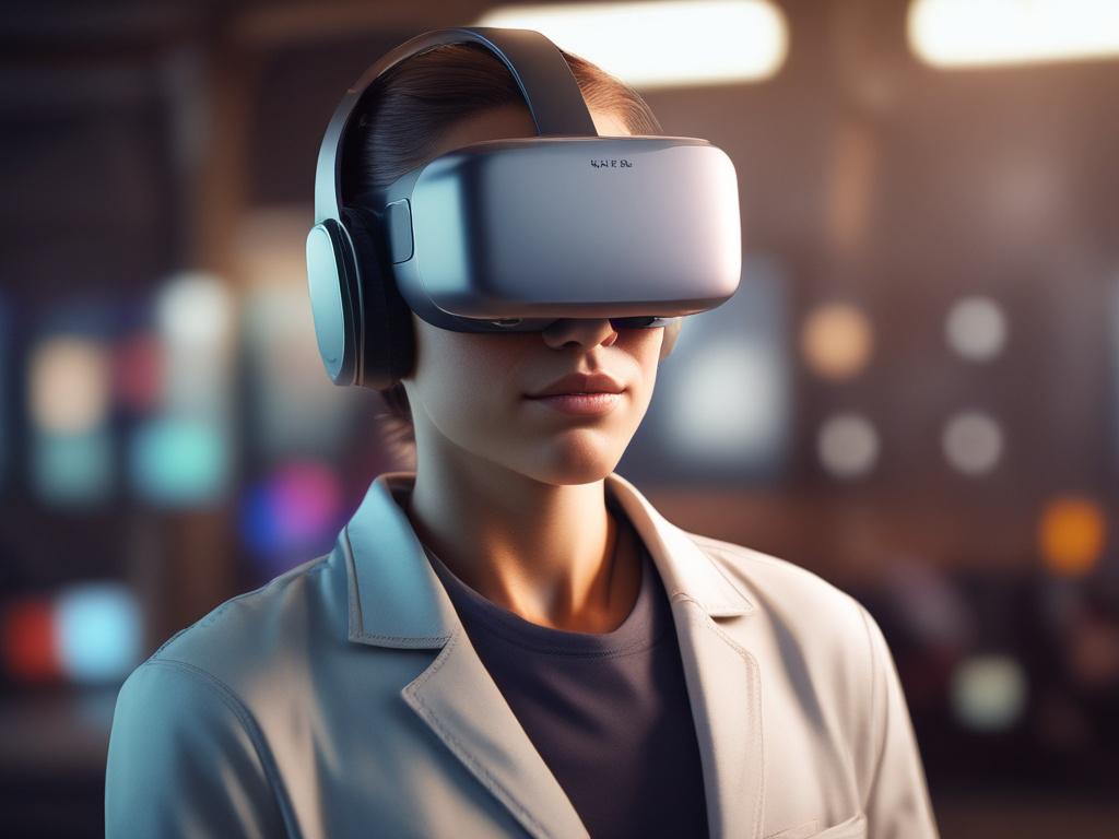 A hyper-realistic close-up image of a person wearing a VR headset, fully engaged in a virtual environment displaying 3D models and data visualizations. The background is softly blurred to emphasize the individual and their experience, with rich colors that complement the primary color rgb(2, 86, 197). The lighting is bright and inviting, creating an atmosphere of innovation and exploration.