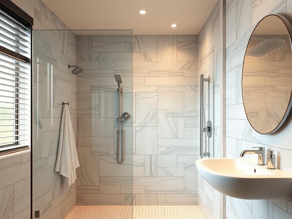 A beautifully renovated bathroom featuring a modern walk in shower,