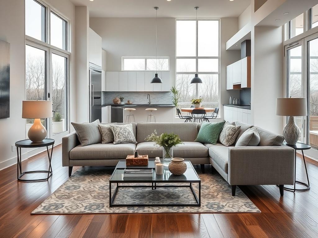 A beautifully renovated living room showcasing modern design elements, featuring a cozy couch, stylish coffee table, and elegant decor. The room has large windows allowing natural light to fill the space, highlighting the rich wood flooring. In the background, there are hints of a contemporary kitchen with sleek cabinetry. The image should evoke a warm, inviting atmosphere, shot in a hyper-realistic style with a focus on the details of the furnishings and decor.
