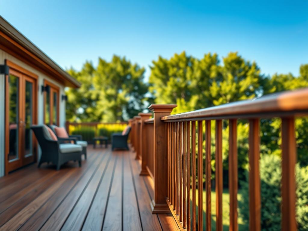 A hyper-realistic close-up shot of a beautifully constructed wooden deck in a serene outdoor setting. The deck features smooth, polished wood with elegant railings and comfortable outdoor furniture. In the background, there are lush green trees and a clear blue sky. The scene conveys a sense of tranquility and inviting space for relaxation. The image should be rendered in high-resolution with vibrant colors that complement the primary color rgb(50, 170, 39). Shot with a 45mm f/1.2 lens to create a soft dept