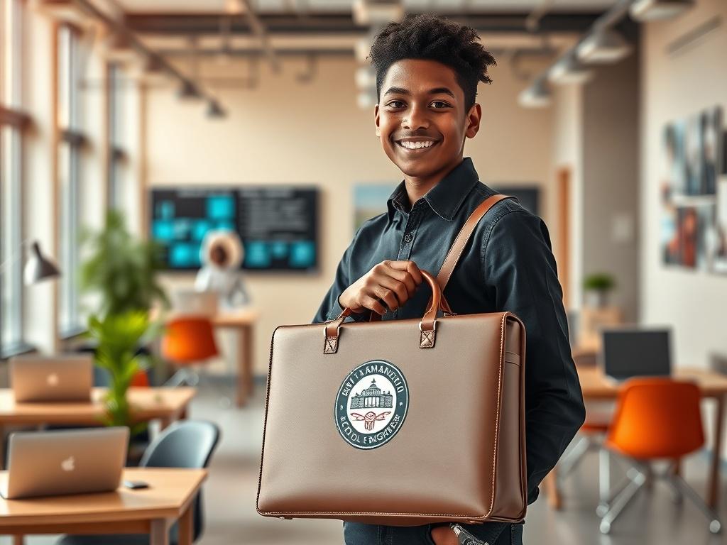 **Prompt for AI Image Generation:**

Create a hyper-realistic high-resolution photo that embodies the theme "Unlocking Your Future: Internship Opportunities." The composition should be simple and clear, featuring a single subject: a confident, diverse young student standing in an open, modern workspace. The student should be smiling and holding a briefcase adorned with a logo representing Kathmandu School of Engineering, symbolizing readiness for the professional world. 

The background should blur softly, 