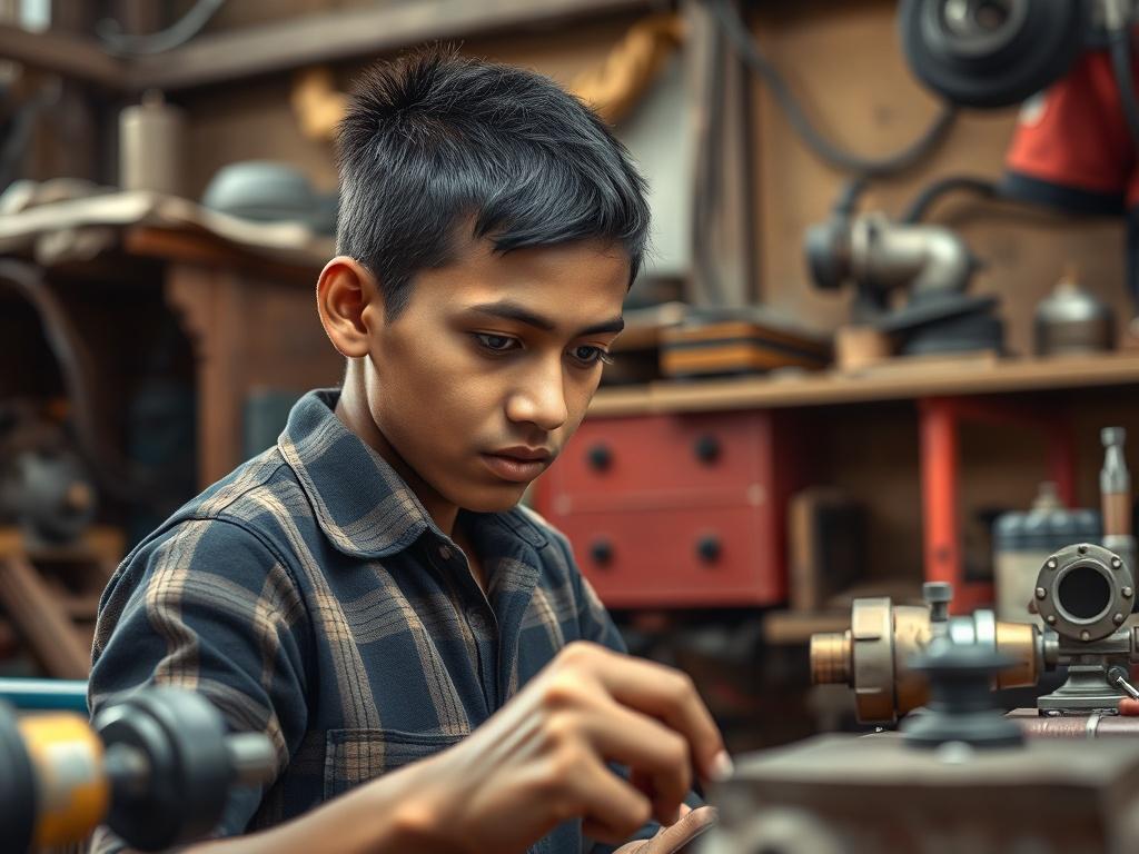 A close-up shot of a Nepali student in an engineering workshop, surrounded by tools and machinery, focused on a project. The background depicts elements of a traditional Nepali setting, with hints of the local architecture and natural landscapes. The lighting should be warm and inviting, capturing the essence of Nepal's rich culture and the student's dedication to engineering.