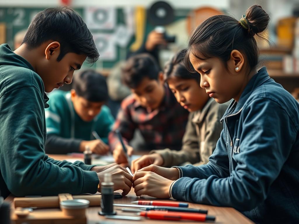 A close-up shot of Nepali students actively participating in a hands-on workshop at the Kathmandu School of Engineering. The background should display engaging learning materials and tools, emphasizing a collaborative and focused learning atmosphere. The image should capture the essence of skill development in a Nepali educational setting.