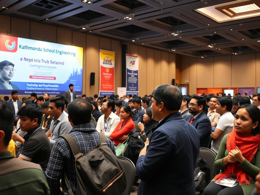 A vibrant conference setting with Nepali students and industry experts engaged in discussions and presentations. The backdrop should include banners of the Kathmandu School of Engineering, highlighting the event's focus on innovation. The image should convey energy and collaboration among participants.