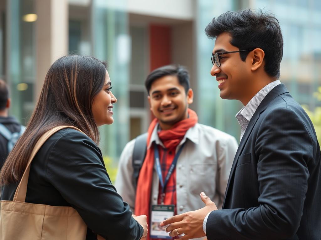A Nepali student engaging in conversation with a Nepali industry professional at an event, with a backdrop of the Kathmandu School of Engineering campus. The image should focus on the interaction, showcasing the enthusiasm and professionalism of both individuals. The setting should reflect a vibrant and educational environment in Nepal.