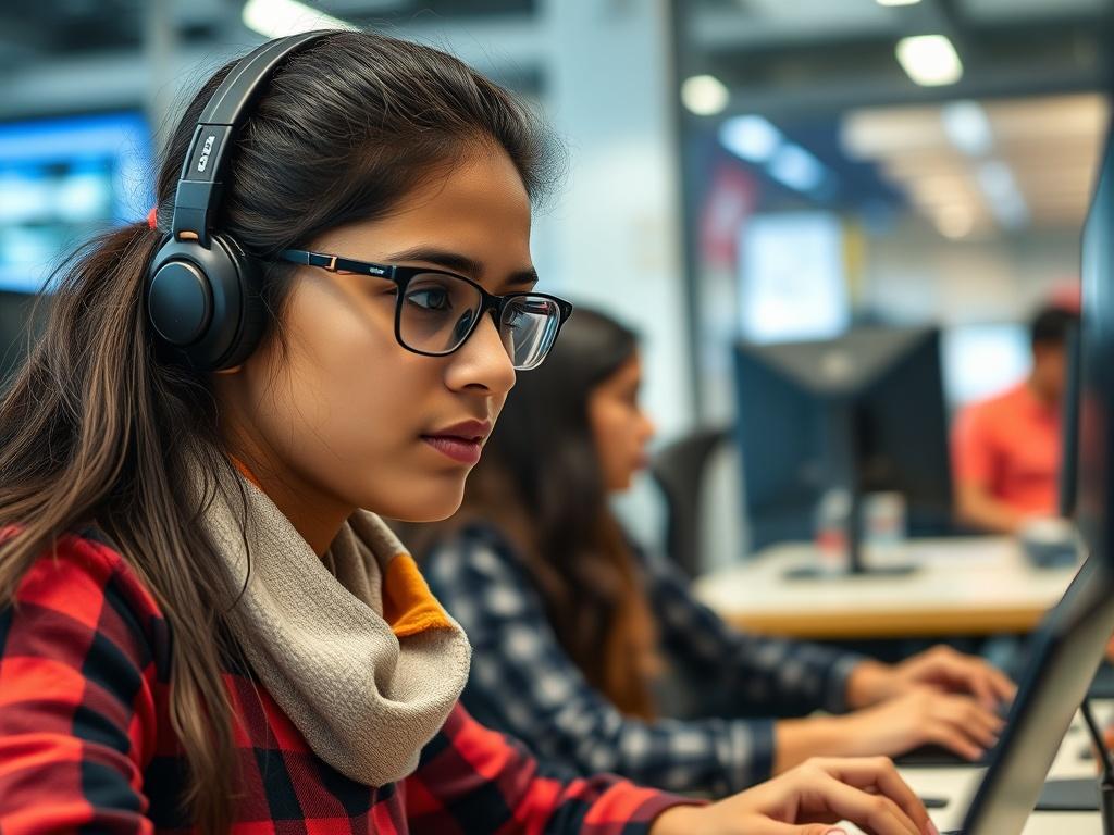 A close-up shot of a Nepali student engaging in an internship at a local tech company, showcasing a professional environment. The background should include elements of the workplace, such as computers and collaborative spaces, emphasizing the practical application of engineering skills.