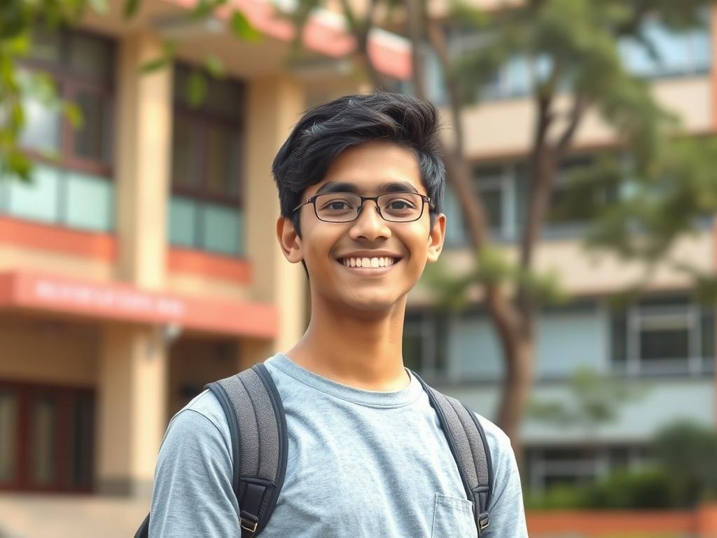 A young Nepali adult with a bright smile, standing confidently outdoors in a university setting. The background features the Kathmandu School of Engineering building, showcasing a blend of modern architecture and natural surroundings. The subject is dressed in casual yet smart clothing, conveying a sense of ambition and enthusiasm. The image is shot in hyper-realistic style with a close-up focus, utilizing a 45mm f/1.2 lens to create a warm and inviting atmosphere. The primary color #FF6E4E is subtly incorp