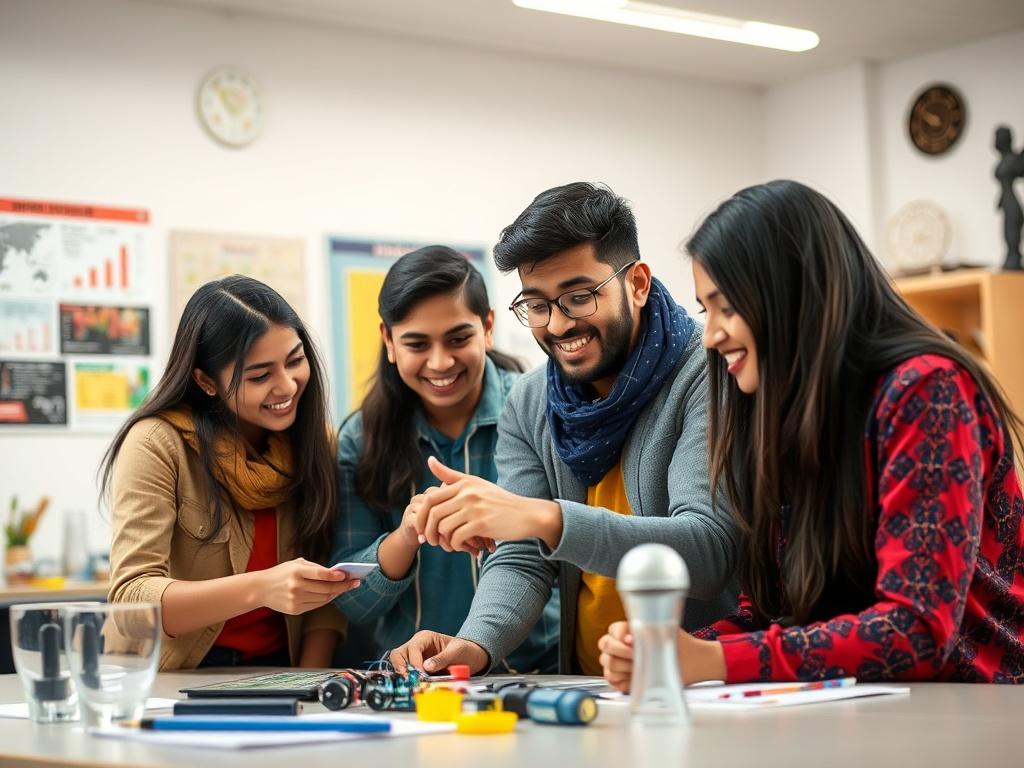 A close-up shot of a diverse group of Nepali engineering students collaborating on a project in a bright, modern classroom setting, showcasing their enthusiasm and teamwork. The background reflects elements of a Nepali educational environment, such as posters of engineering concepts and local cultural artifacts.