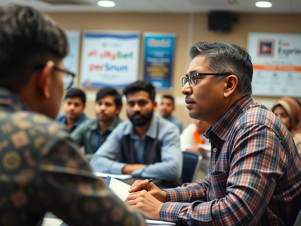 A close-up shot of a Nepali guest speaker addressing engineering students in a seminar setting, with students engaged and taking notes. The background should reflect a formal educational environment, showcasing banners of partnering companies and elements of local culture.