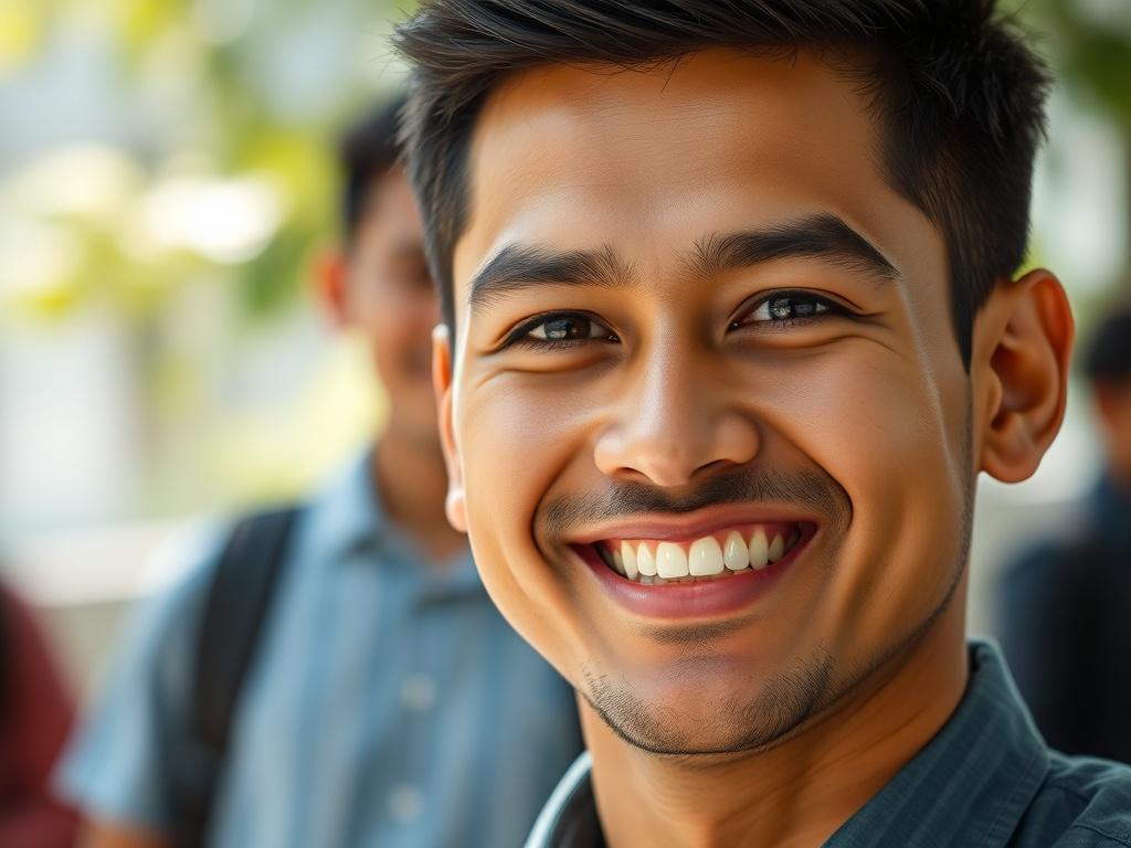 A close-up shot of a 30-year-old Nepali man with a warm smile, showcasing confidence and positivity. He has short, neatly styled hair and is wearing a smart casual outfit. The background should be softly blurred, with hints of greenery to evoke a sense of academic environment. The lighting should be bright and natural, emphasizing his facial features and the warmth of his expression.