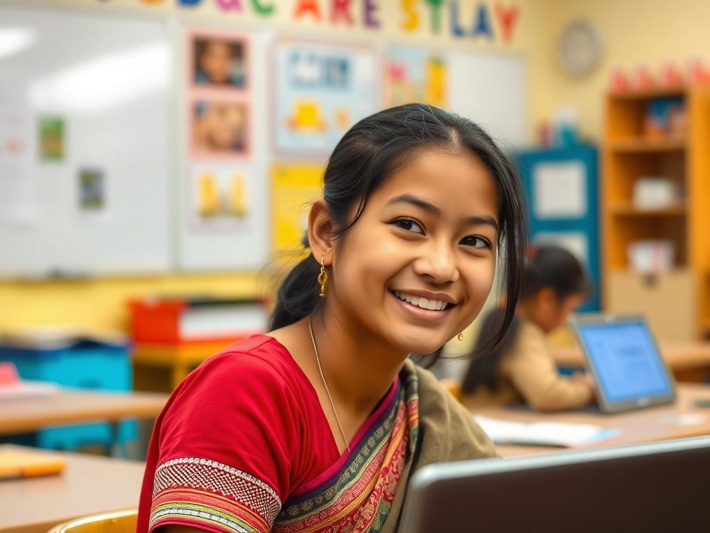A young Nepali Tamang adult girl, smiling and looking confidently towards the camera. She is sitting in a vibrant classroom setting, surrounded by educational materials and technology. The background features colorful posters and a whiteboard, creating an engaging learning environment. The girl is wearing traditional Nepali attire, showcasing her cultural heritage. The image is focused and shot with a 45mm f/1.2 lens style to capture her expression clearly, and it should harmonize with the #FF6E4E primary c