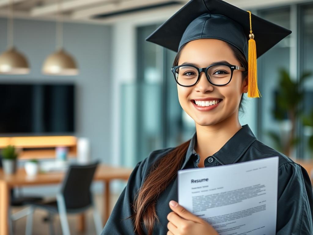 A close-up shot of a young graduate in a professional setting, smiling confidently while holding a resume. The background features an office environment with modern decor, subtly indicating a corporate atmosphere. The image should be hyper-realistic, showcasing the graduate's pride and readiness for the job market. Use a 45mm f/1.2 lens style for a shallow depth of field, emphasizing the graduate while softly blurring the background. The color palette should harmonize with #FF6E4E.