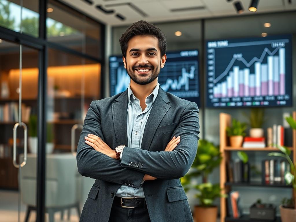 **Prompt for AI Image Generation:**

Create a realistic high-resolution photo that embodies the theme "Unlocking Growth Through Effective Marketing". The composition should focus on a single, dynamic subject: a business professional (either male or female, dressed in smart casual attire) standing confidently with arms crossed, smiling softly. They should be positioned in the foreground, exuding a sense of empowerment and success.

The background should depict a stylish, modern office environment, featuring 