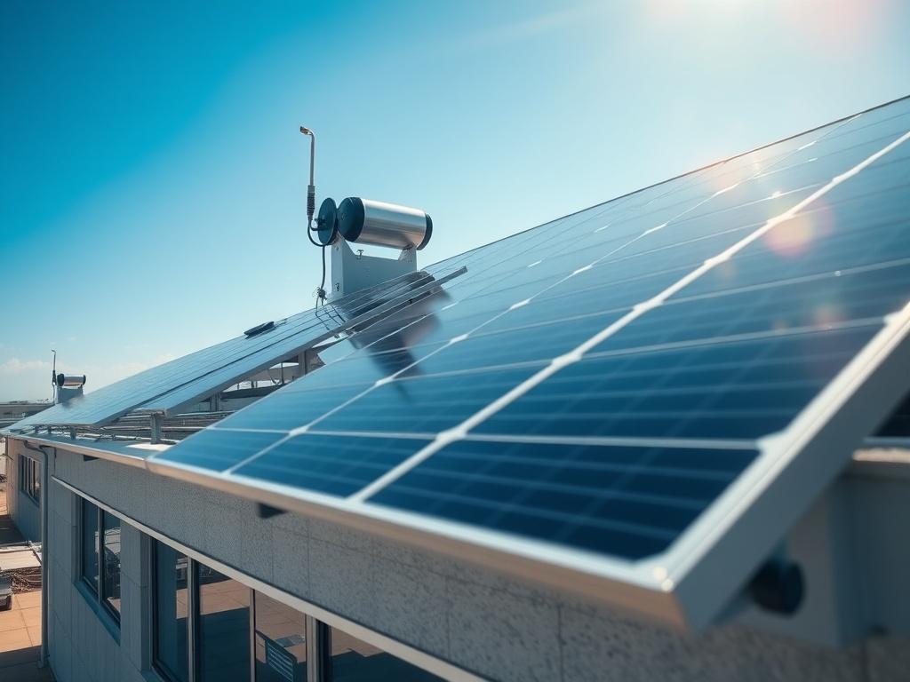A realistic high-resolution photo of a solar panel system installed on a commercial building rooftop, showcasing the panels capturing sunlight. The composition should focus on the solar panels with a clear blue sky in the background, emphasizing the clean and modern technology. Capture the image with a 45mm f/1.2 lens style, highlighting the details of the solar panels and their installation.