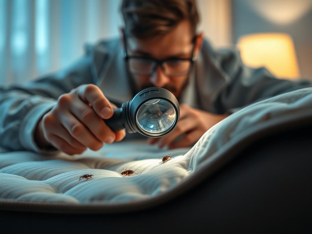 A close-up image of a professional pest inspector examining a mattress for bed bugs using a flashlight and magnifying glass. The scene captures the focus and attention to detail, with the inspector's tools visible. The background should be softly blurred to highlight the inspection process, shot with a 45mm f/1.2 lens style, showcasing the textures of the mattress.