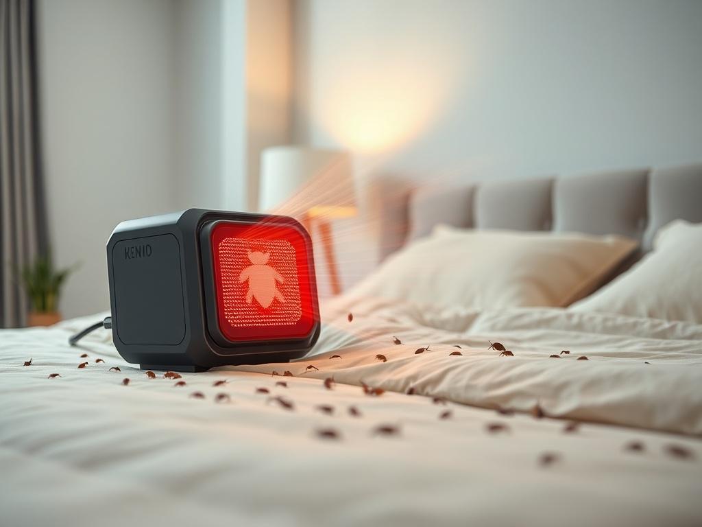 A close-up shot of a high-tech bed bug heat treatment device in action, set in a clean, modern bedroom environment. The device emits heat waves, with a focus on a bed infested with bed bugs being treated. The background should be softly blurred to emphasize the device and the bed, shot with a 45mm f/1.2 lens style, capturing details and textures.