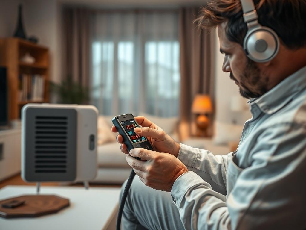 A close-up view of a pest control technician performing a follow-up heat treatment in a living room. The technician is checking the temperature of a device while inspecting the furniture. The scene should focus on the technician's careful work, with a blurred background to create depth, shot with a 45mm f/1.2 lens style, capturing the details of the environment.