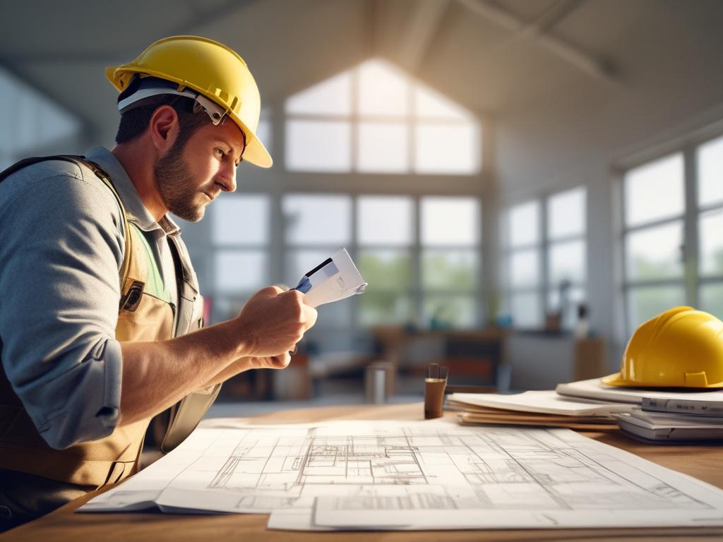 A close up shot of a construction worker reviewing blueprints