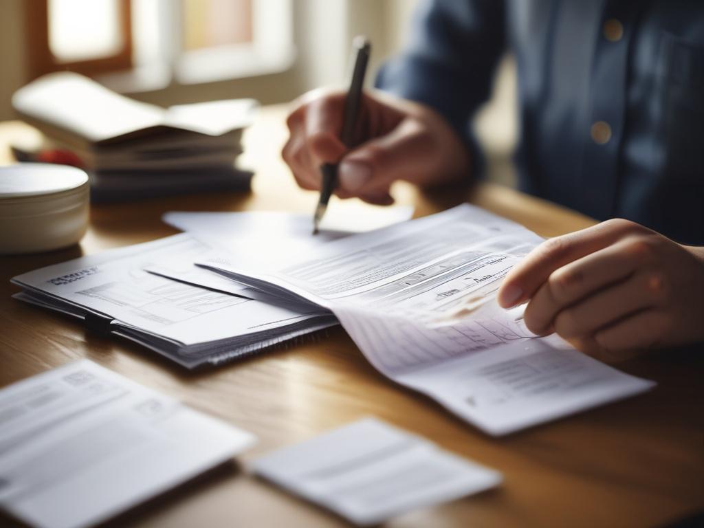 high-resolution close-up of a person organizing bills on a table, soft natural light, simple composition, focus on hands holding bills, with a blurred background of a modern office setting