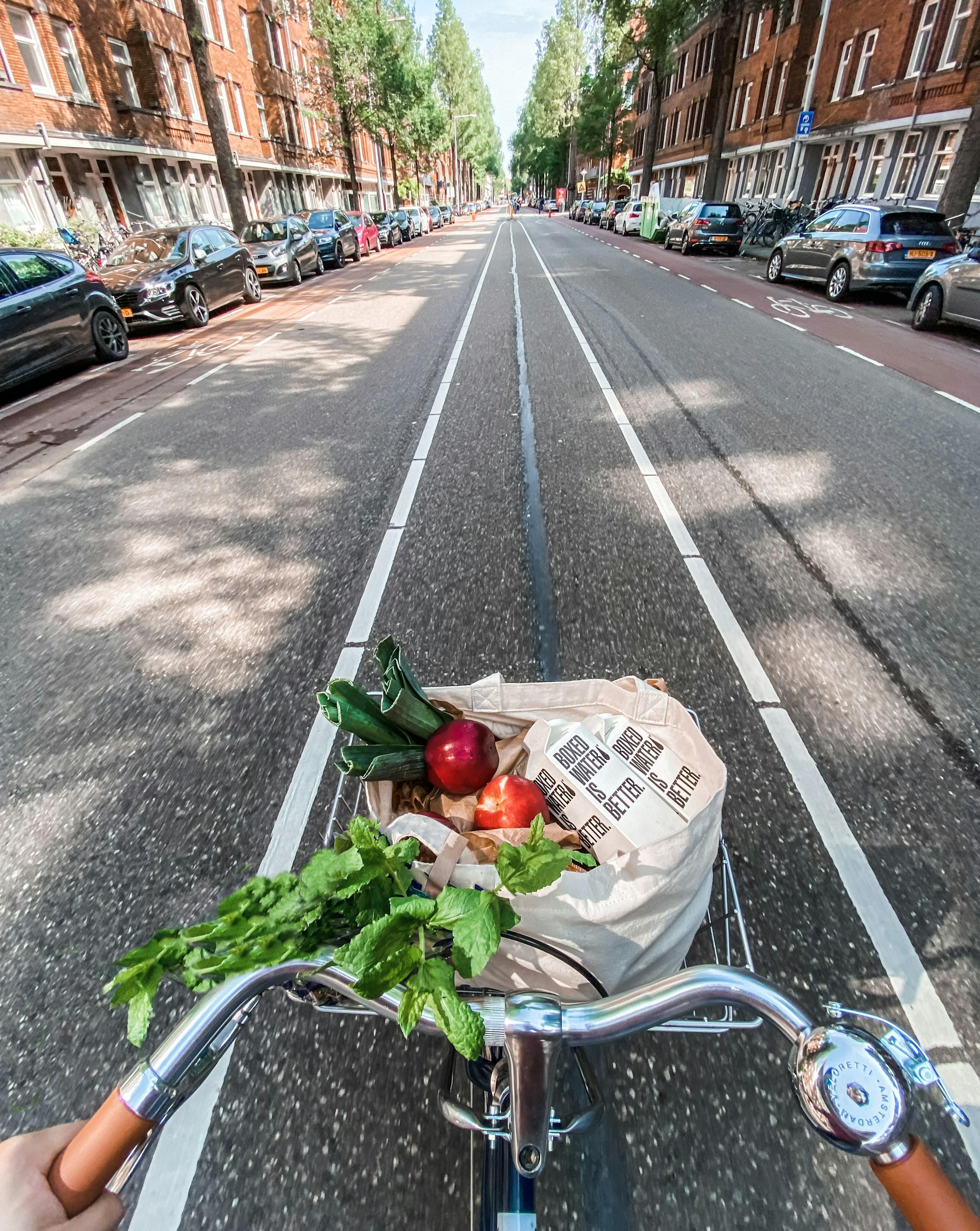 Bicycle ride from the grocery store with Boxed Water, fresh produce, and tote bag