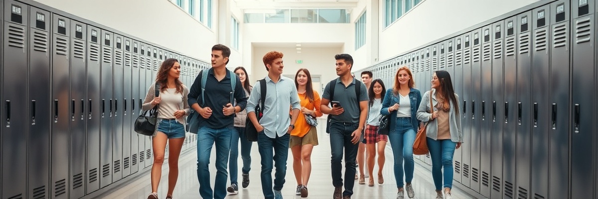 Students collaborating in hallway