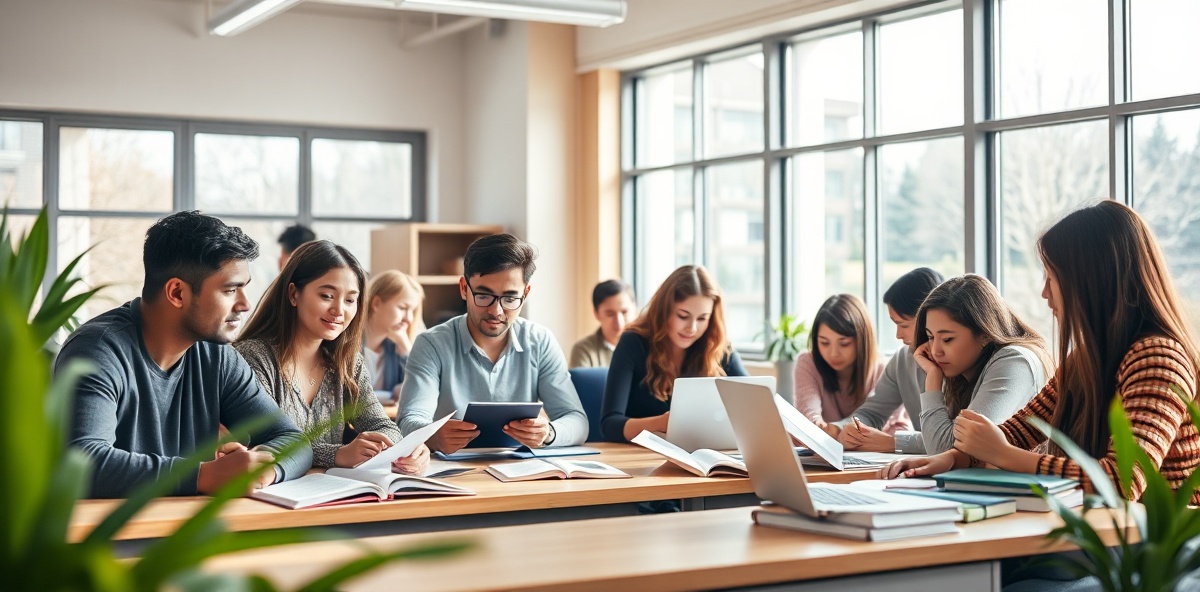 Students studying together in classroom
