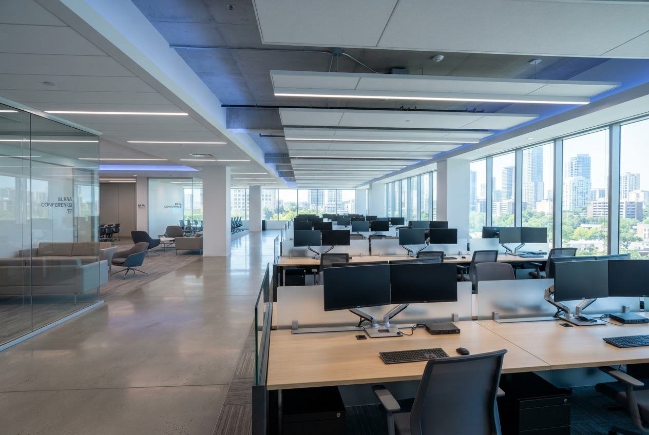 Modern open-plan office with clean, maintained workstations