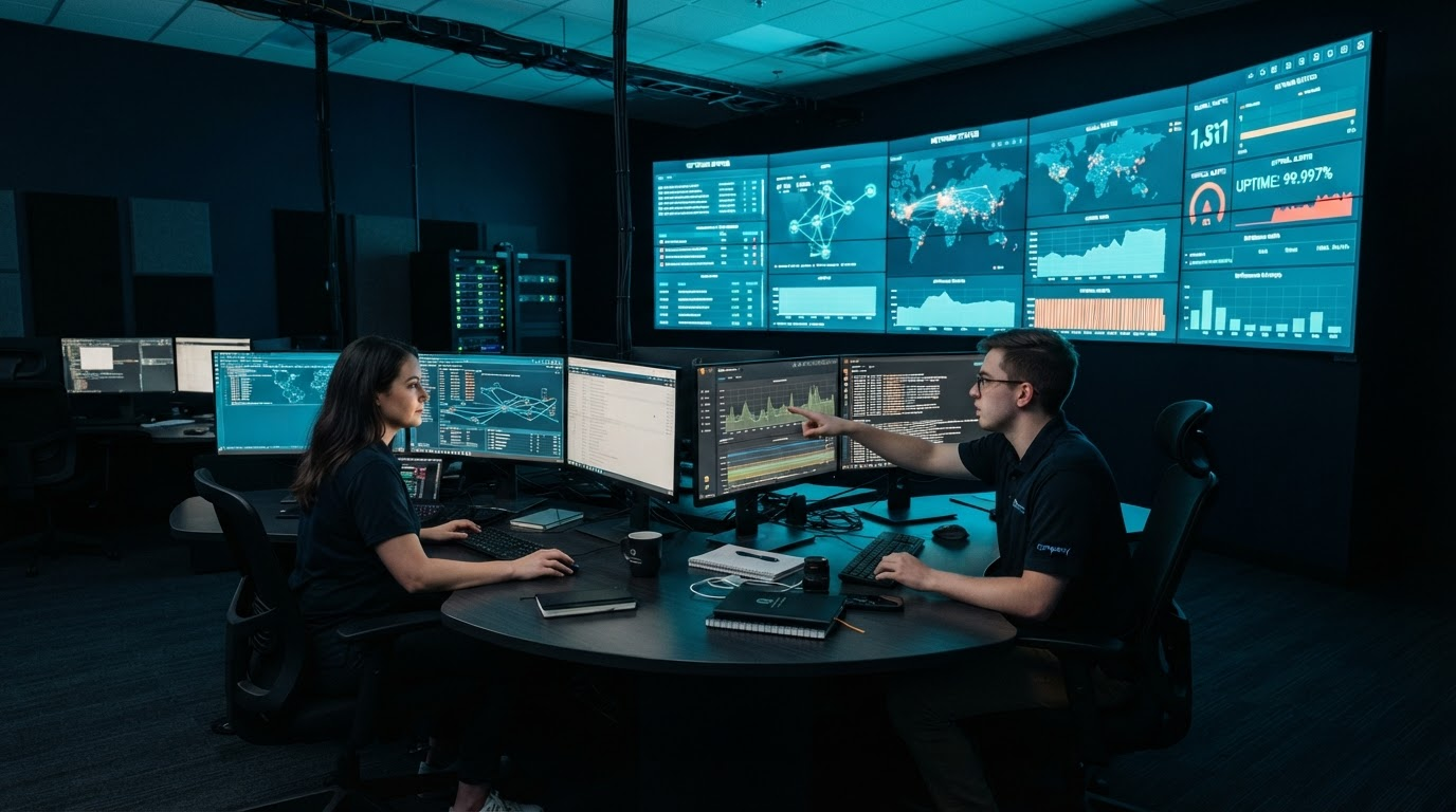 NetVantage network operations centre engineers monitoring client infrastructure dashboards 24/7