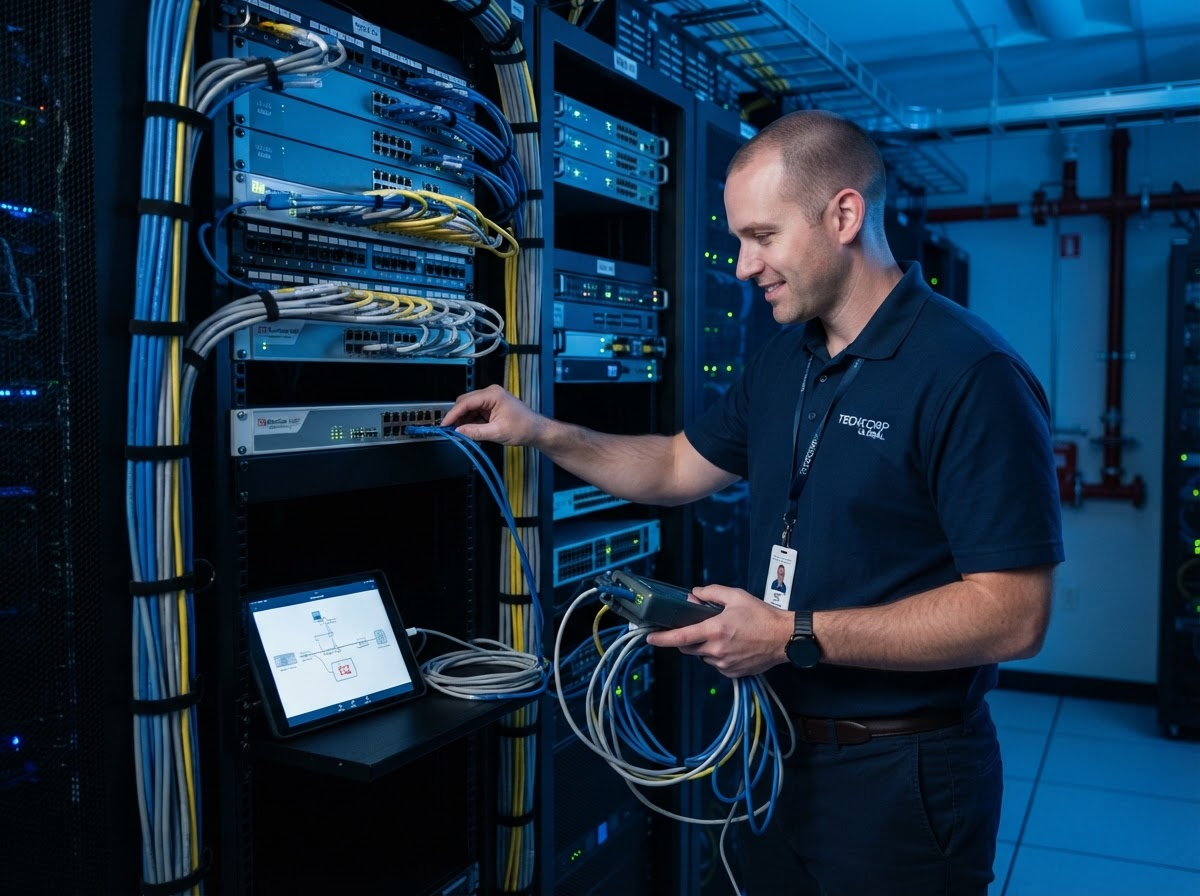 NetVantage engineer performing scheduled maintenance on client network equipment