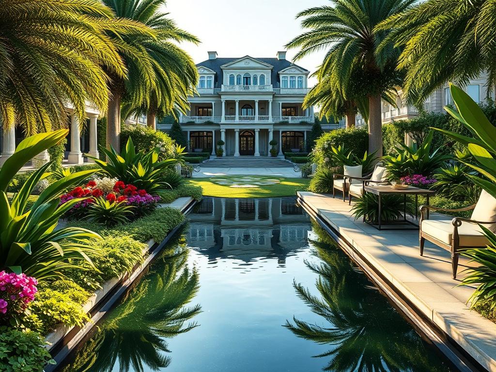 A hyper realistic rendering of a luxurious garden design featuring