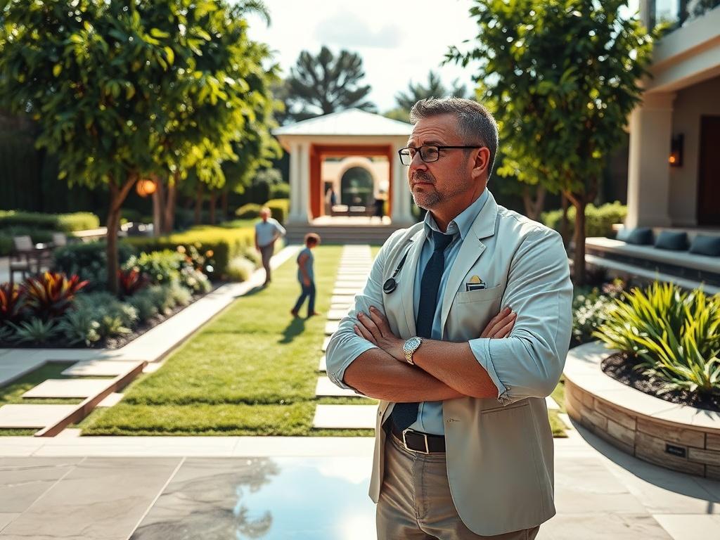 A professional project manager overseeing a luxurious landscaping project, with