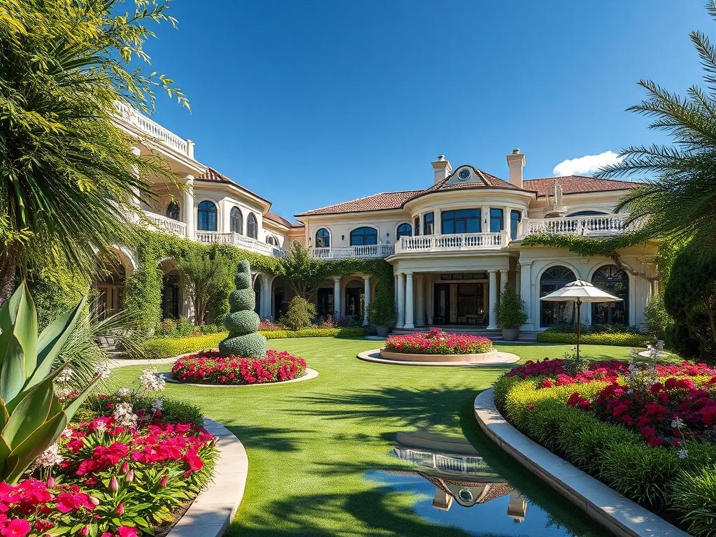 A luxurious garden design showcasing a stunning private residence, featuring