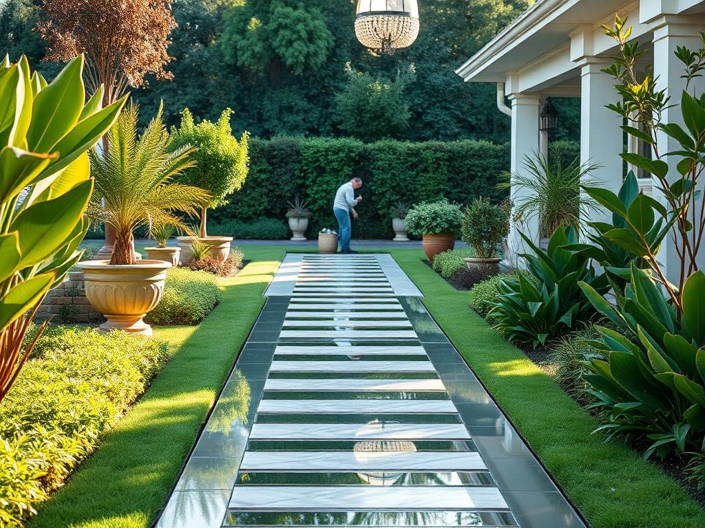 A serene, luxurious garden setting with a professional landscaper working