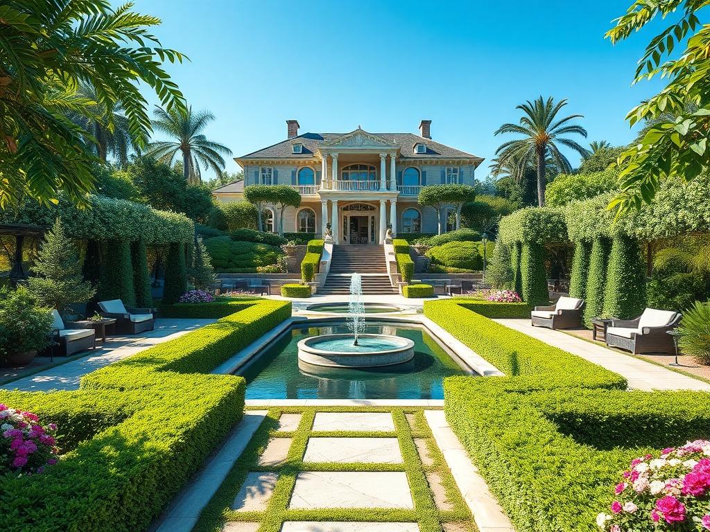 A luxurious garden design featuring lush greenery, elegant pathways, and