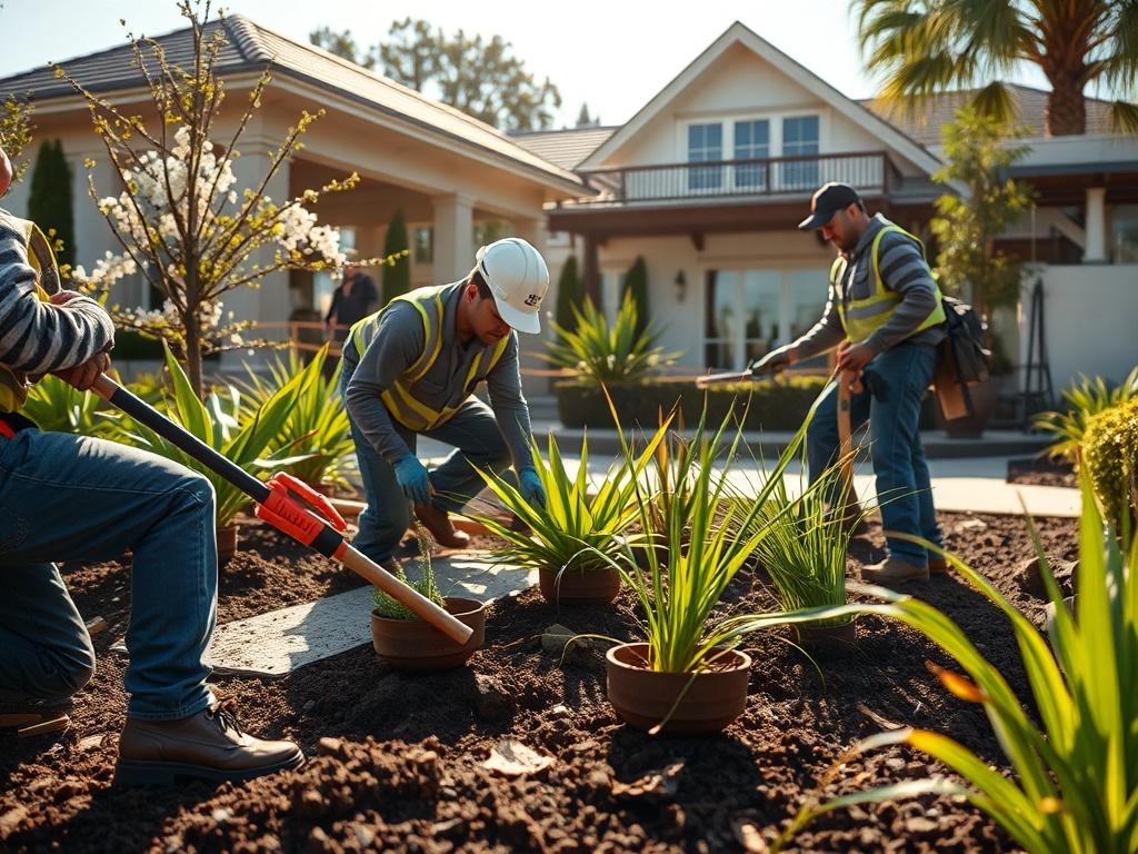 A dynamic construction scene showing skilled landscapers at work, planting