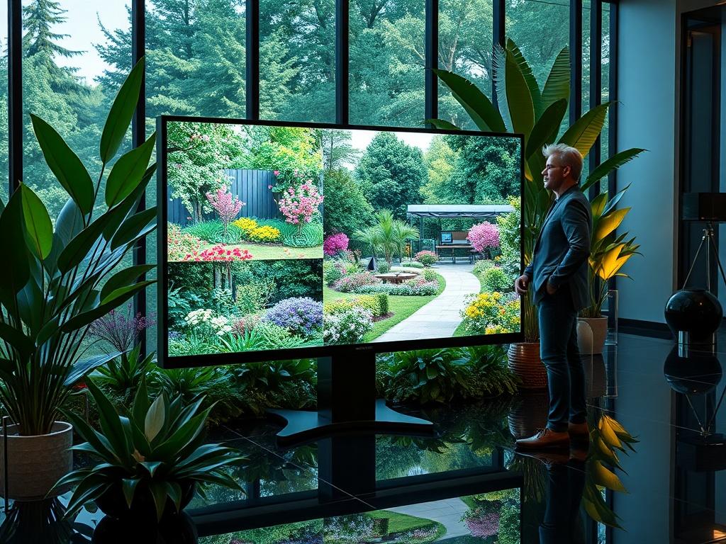 An elegant design presentation showcasing vibrant garden concepts on a