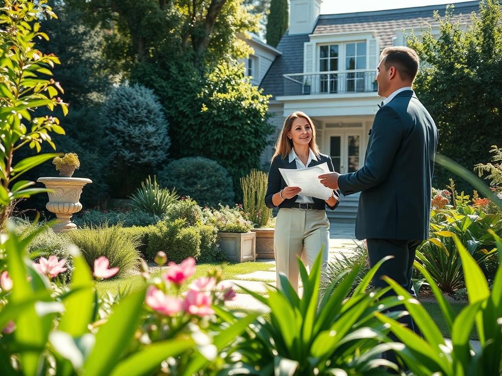 A serene garden consultation scene featuring a designer discussing plans
